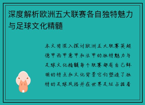 深度解析欧洲五大联赛各自独特魅力与足球文化精髓